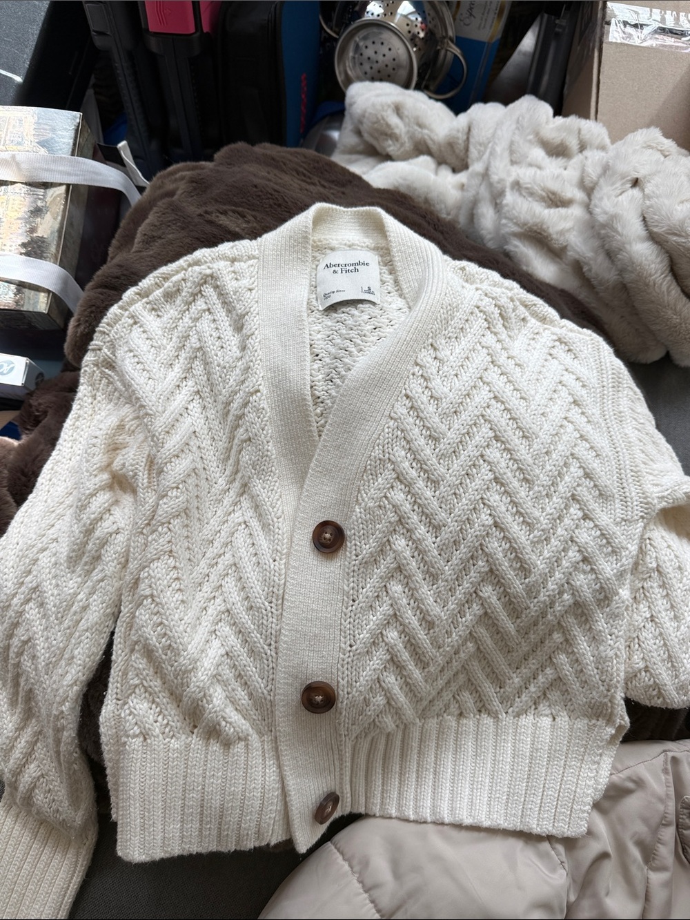 Abercrombie & Fitch Ivory Cable Knit Button Cardigan